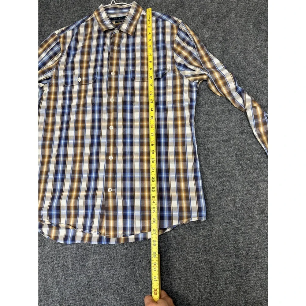 Perry Ellis Button Down Shirt Mens Medium Blue Brown Plaid Slim Fit Long Sleeve